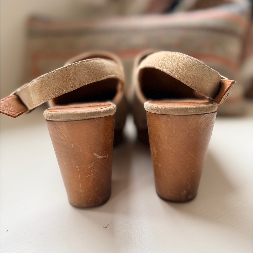 Sezane Taylor Beige Suede Wood Platform Heeled Clogs - 6.5 / 37 - Picture 4 of 7
